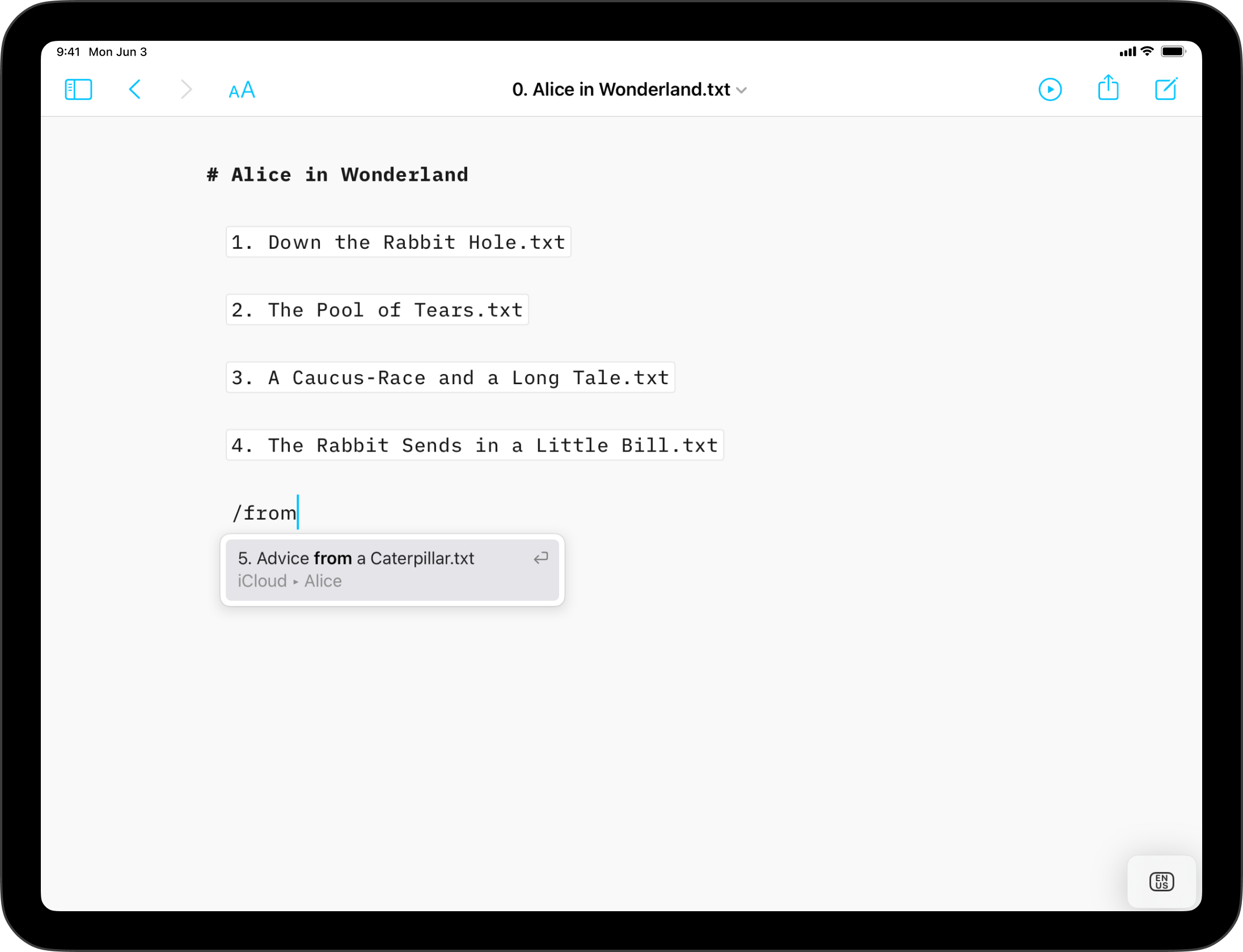 A screenshot of the Editor with a context menu open to add a file as Content Block following a word entered after a slash.