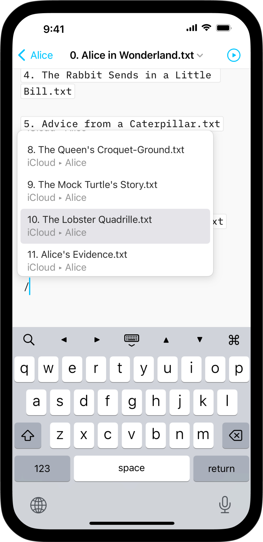 A screenshot of the Editor with a context menu open to add a file as Content Block following a slash.