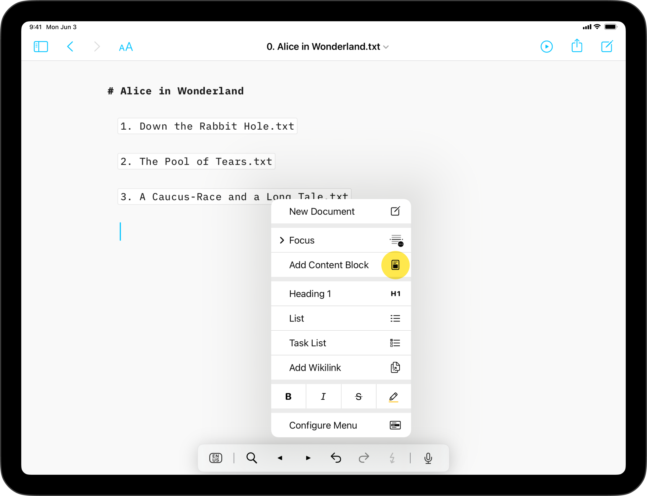 A screenshot of the Lightning menu with the 