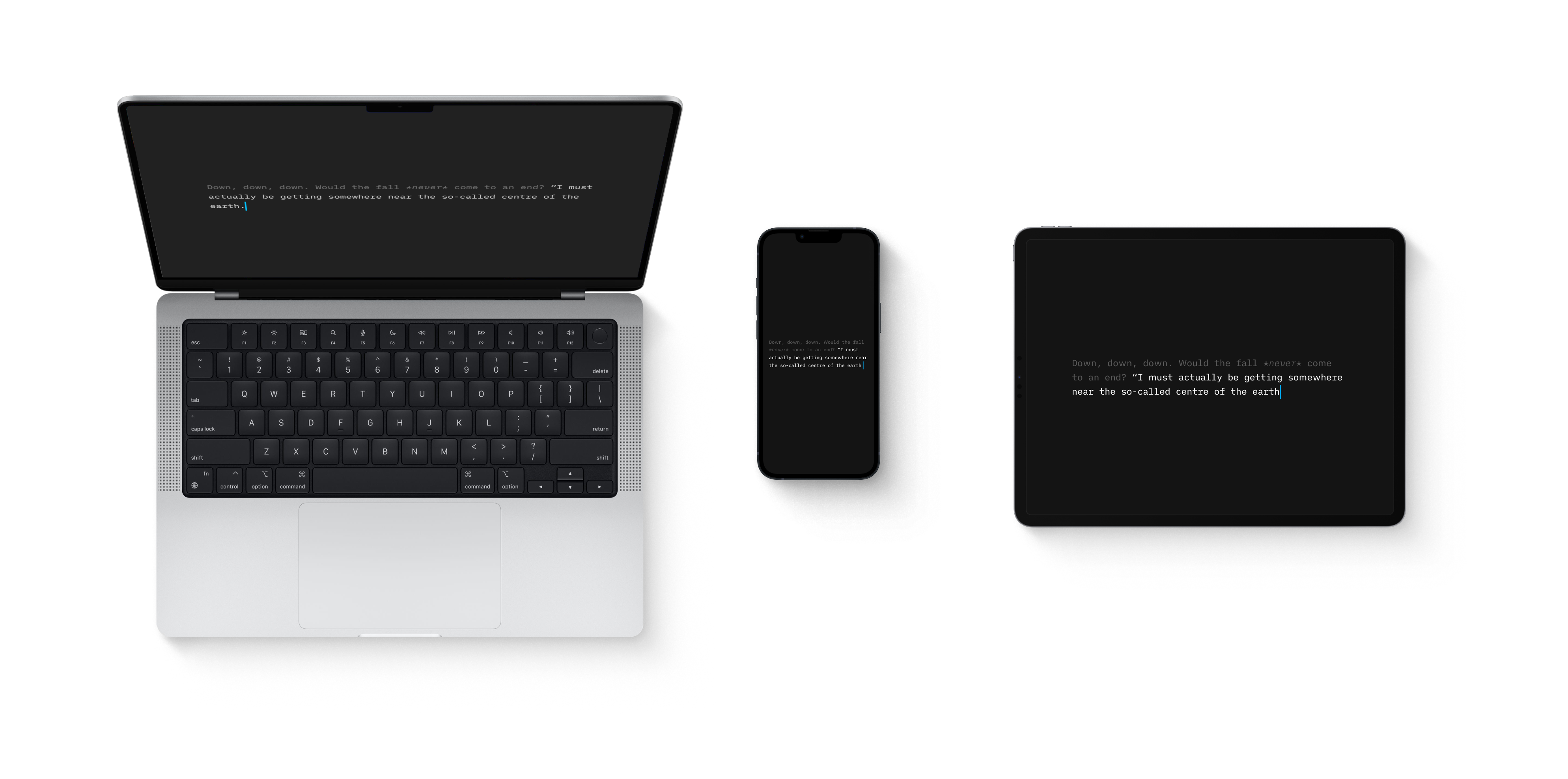 iA Writer running on a MacBook, an iPhone and an iPad