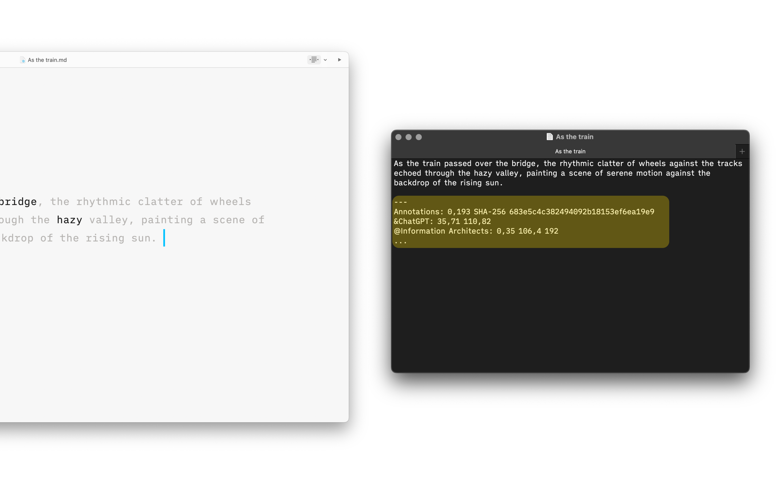 Two side-by-side screenshots: on the right, a text in Writer with parts marked as AI, and on the left, the same text in another text editor showing authorship annotations at the bottom.