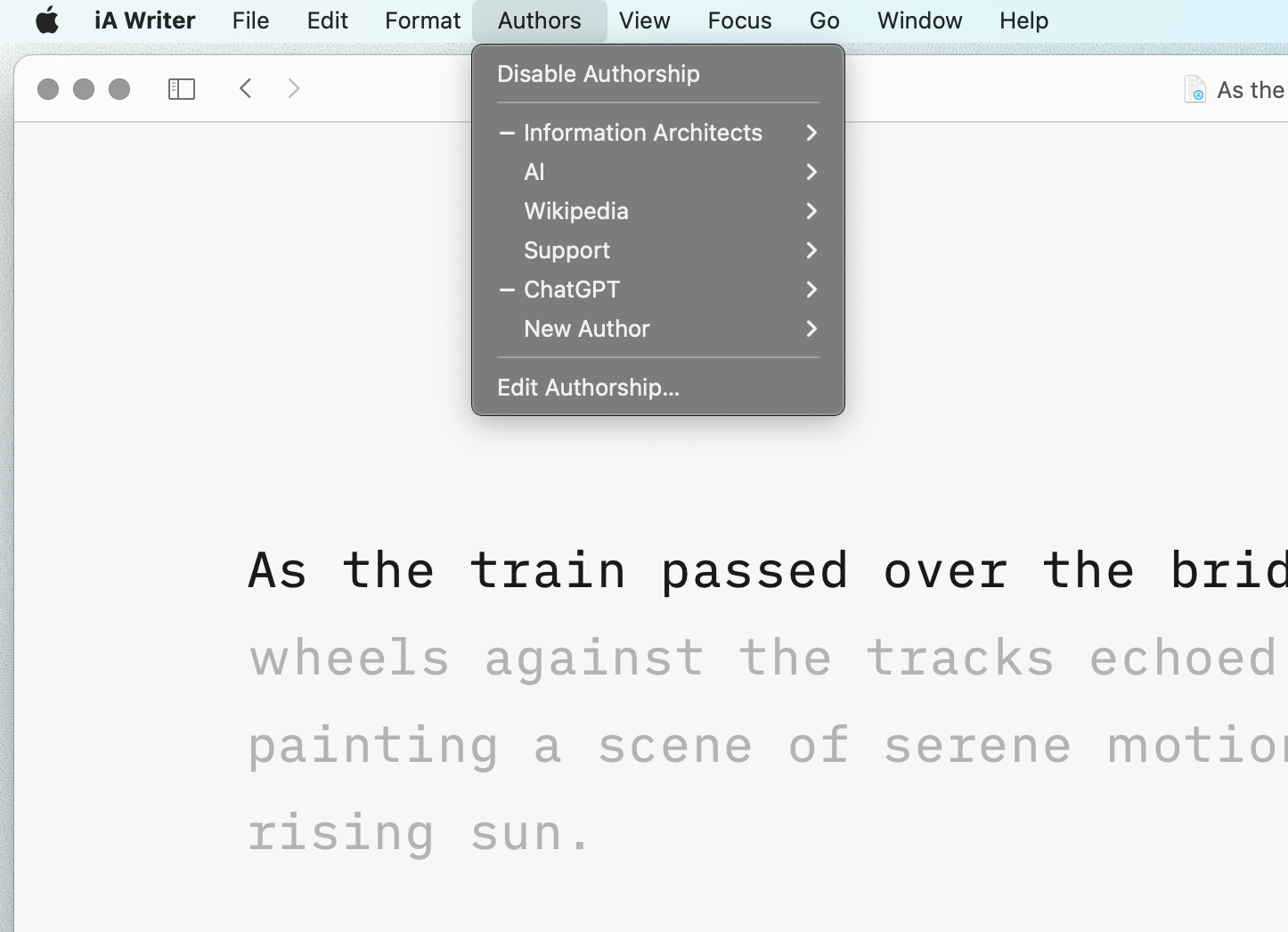A screenshot of the top bar menu with the Authors submenu expanded.