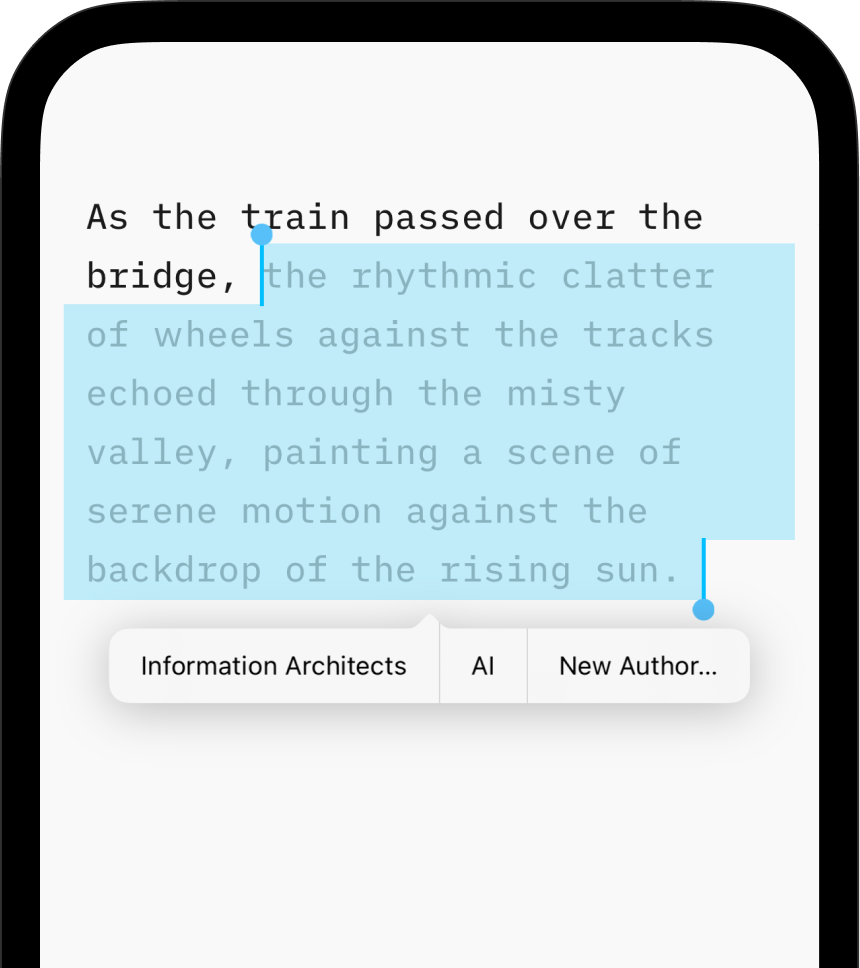 A screenshot of the same pop-up menu, now displaying different entity options for marking the author.