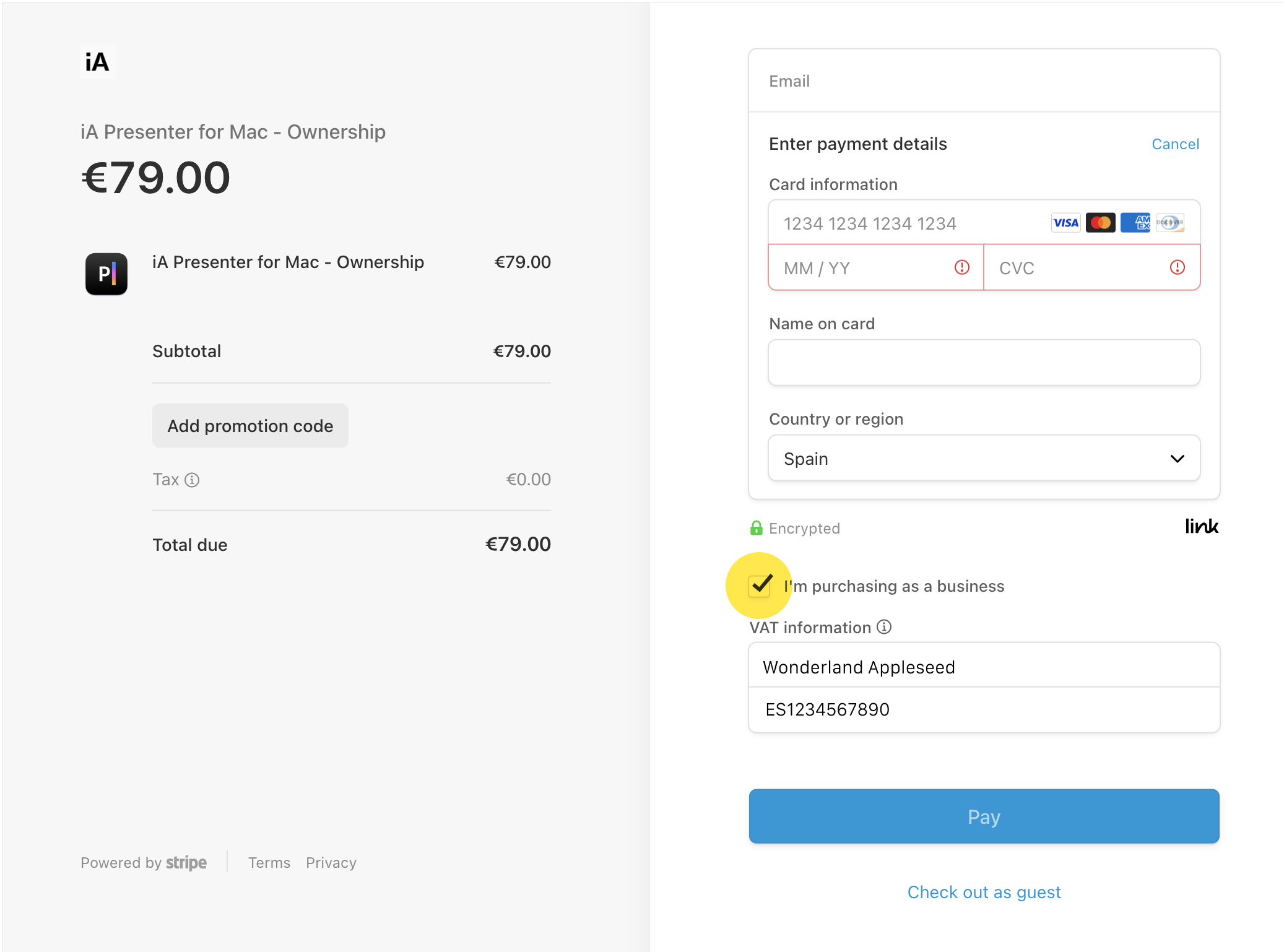 The Stripe payment interface.