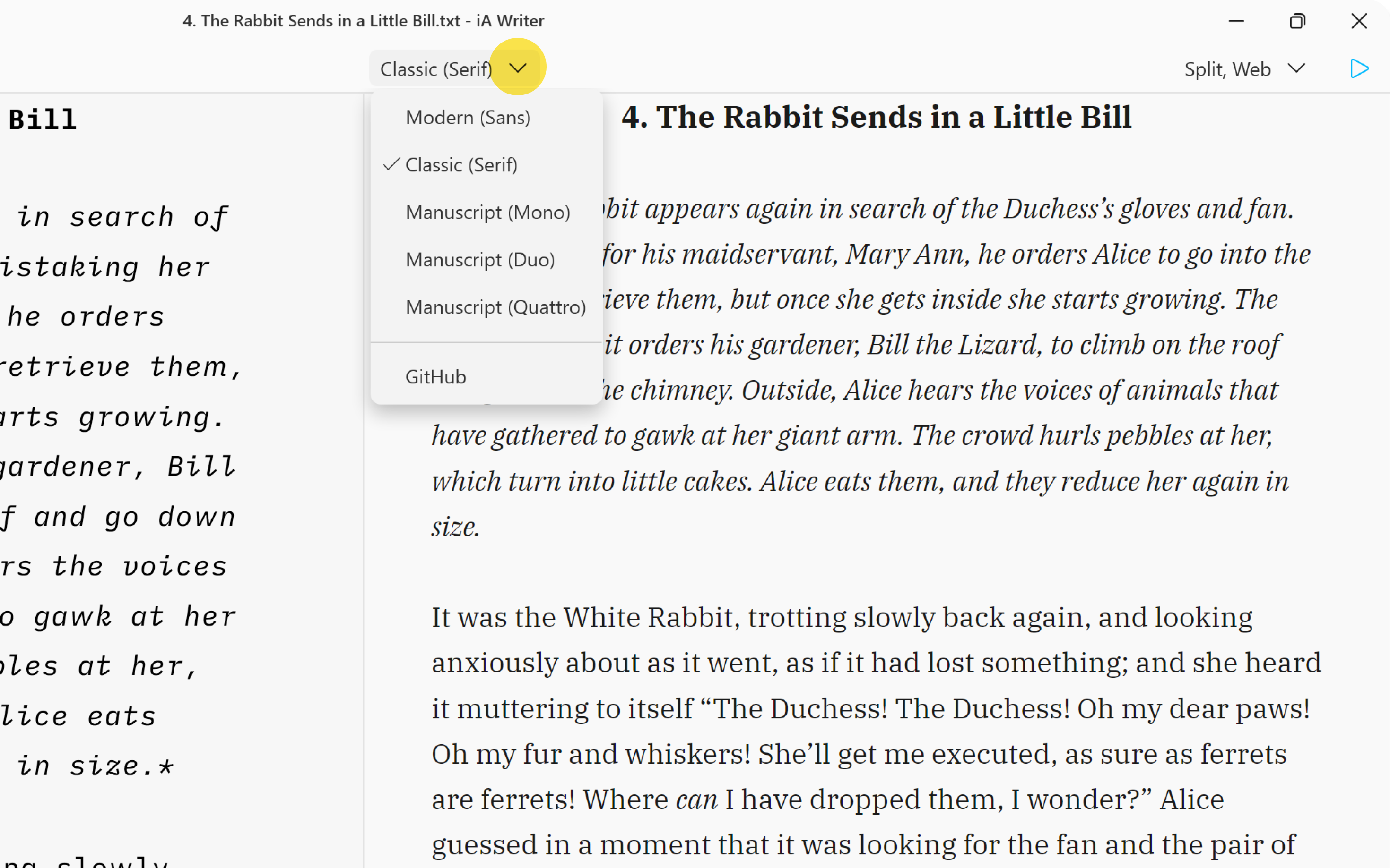 A side-by-side screenshot showing a text in the Editor and its Preview, with a pop-up menu at the top for selecting different templates.
