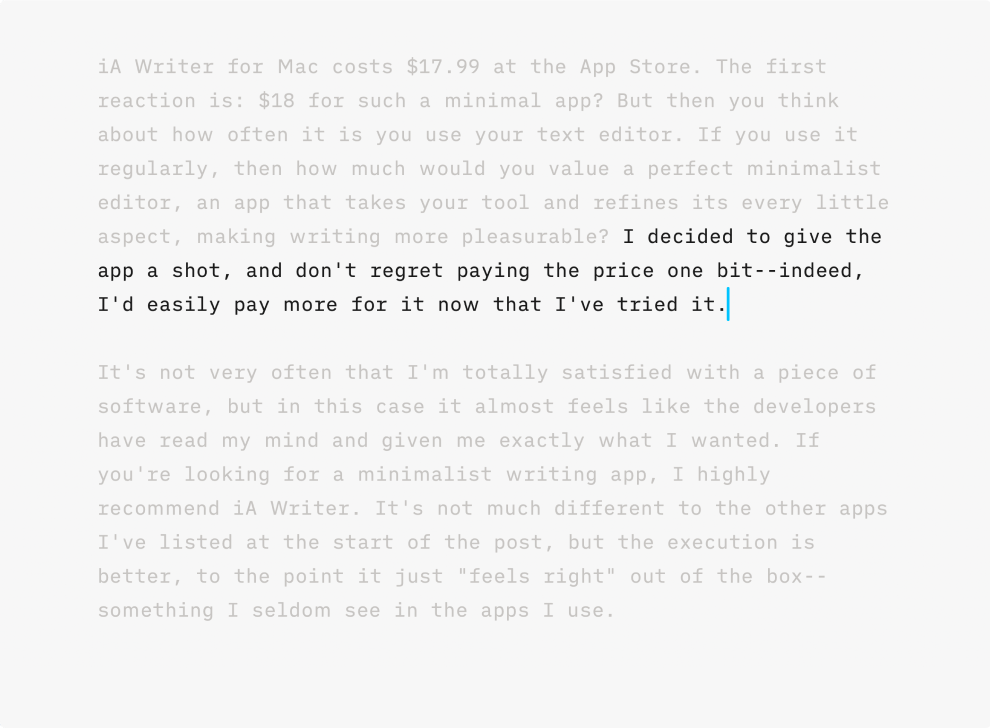 2015 screenshot of iA Writer's Editor with Focus Mode enabled showing a sentence in clear focus.