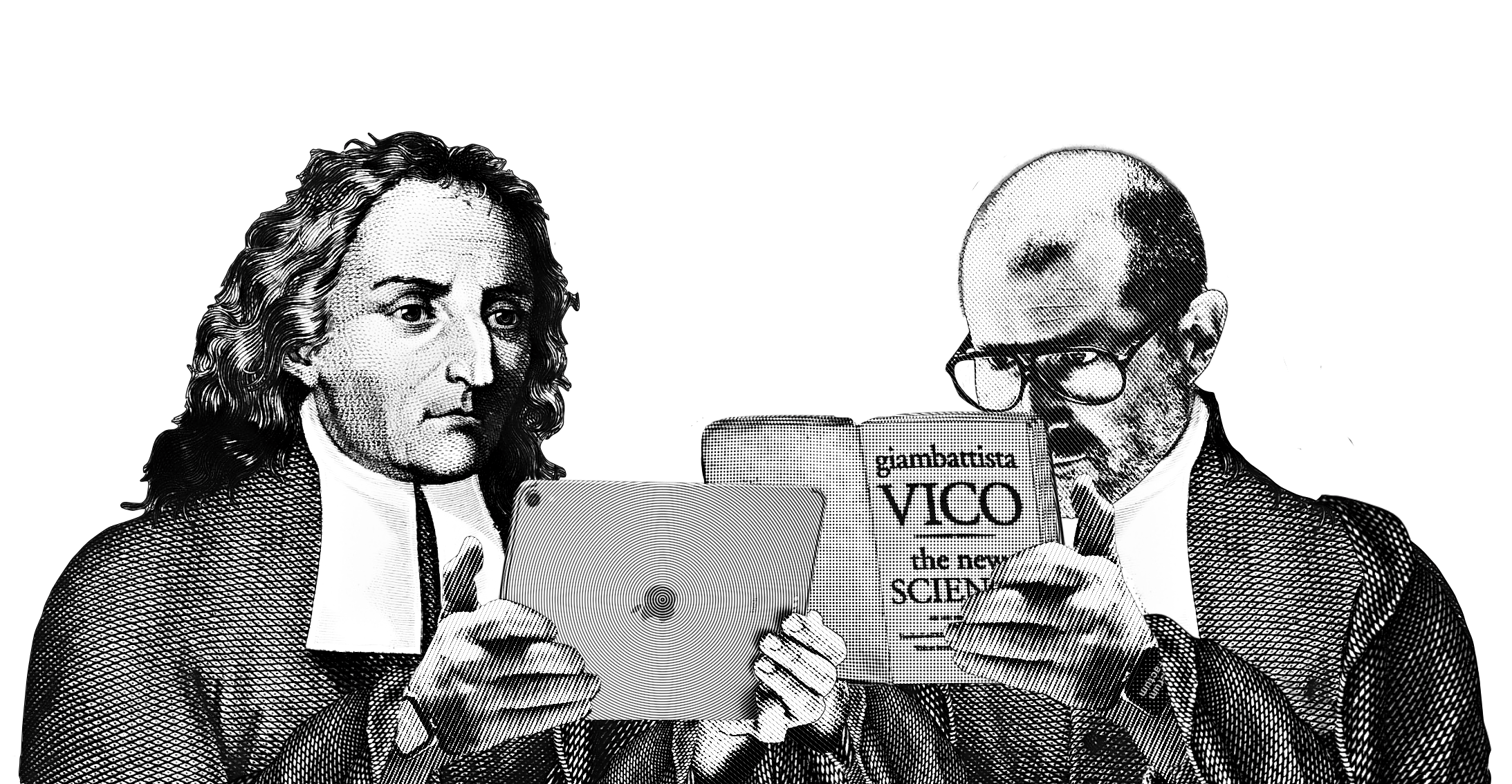 A black and white drawing showing Vico studying Ive's iPad and Ive studying Vico's New Science.